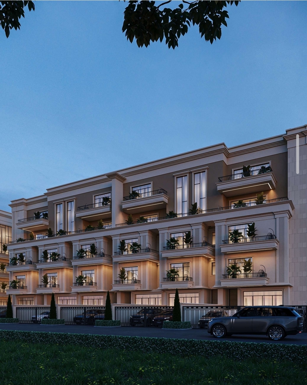 Tranquil Waterfront Homes — evening lit facade with illuminated balconies