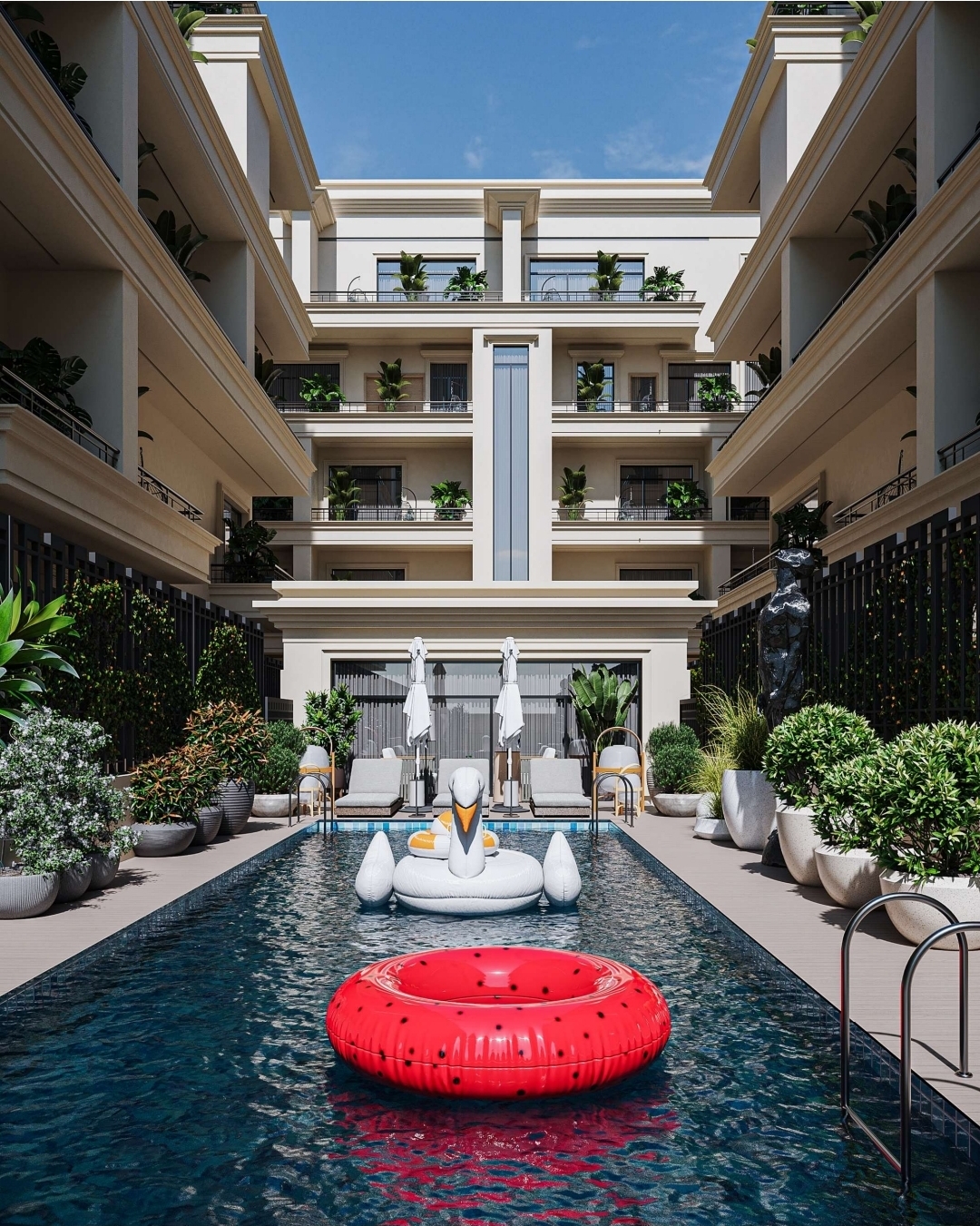 Tranquil Waterfront Homes — courtyard swimming pool with landscaped gardens
